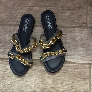 Cape Robbin Black Sandals with Gold Chain Accents